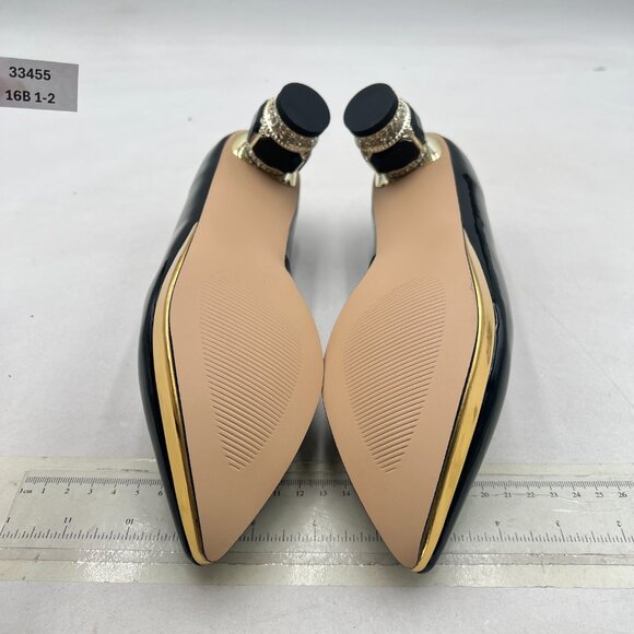 FSJ Black-gold Trim Bridal Pointed Toe Block Low Heel Crystal Pumps - Picture 7 of 8